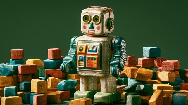 Vintage tin robot toy surrounded by colorful wooden building blocks against a green background. 