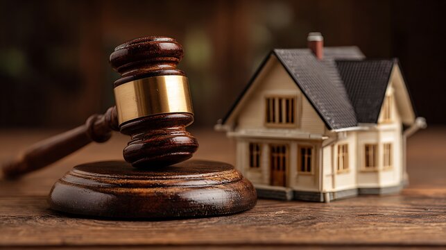 Wooden gavel on block near a model house on a wooden surface, representing a sale
