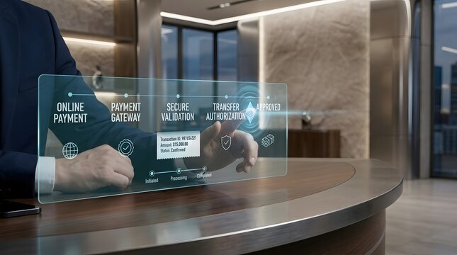 Secure online payment processing concept with holographic interface display