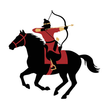 Black silhouette of a nomadic horse archer drawing a longbow on a galloping horse, flat minimal style, isolated on white. Historical action concept