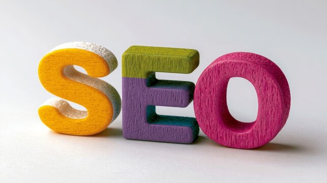 Wooden letters spelling SEO in multiple colors on a white background