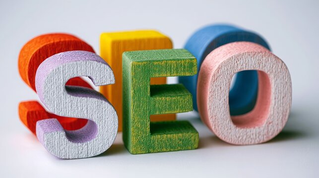 Wooden letters spelling SEO in multiple colors on a white background