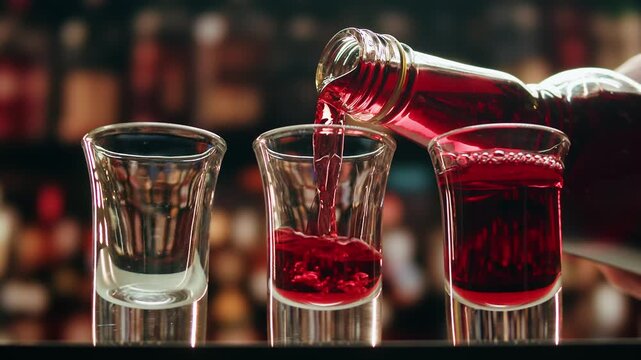 Pouring shot of red bitter, Cognac, whisky, Campari, Aperol, Cherry Vermouth Negroni, spanish wine drink, Alcoholic Americano Cocktail bitter, sweet vermouth and soda water, close up of making drink