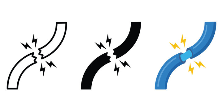 Electric wire fault icon set featuring broken power cables with electrical sparks in line art black and blue color style.