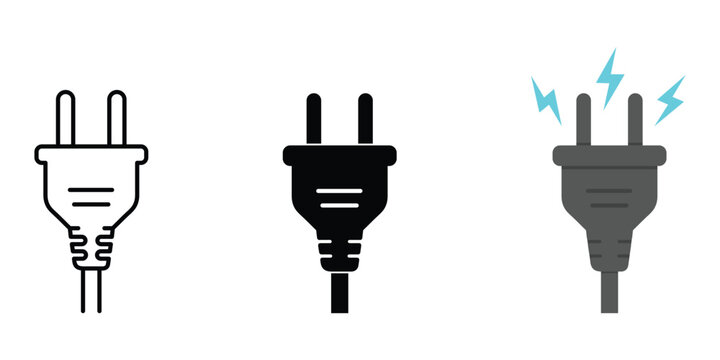 Electrical plug icon set with line art and flat styles featuring sparking electricity effect on transparent background.