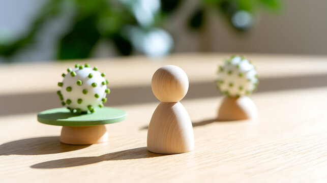 Abstract wooden figures and a white sphere with green dots on a light wood surface, representing concepts of health, connection, or disease spread