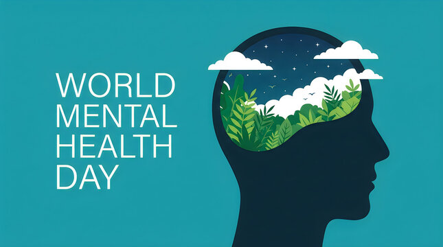 World mental health day illustration mindscape with nature and tranquil forest scene
