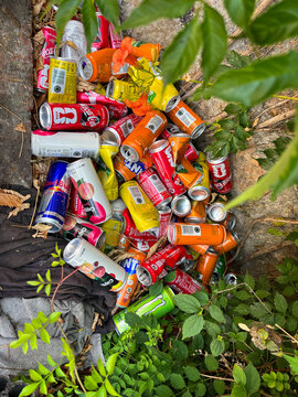 ALANYA, TURKEY - JULY 05, 2026: A pile of discarded empty aluminum soda and energy drink cans polluting green nature, showcasing environmental littering and waste problem
