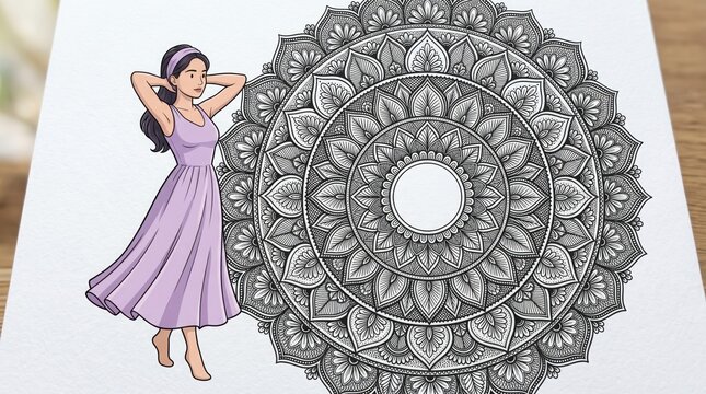 A young woman in a purple dress standing next to a large, intricate black and white mandala pattern isolated on white background