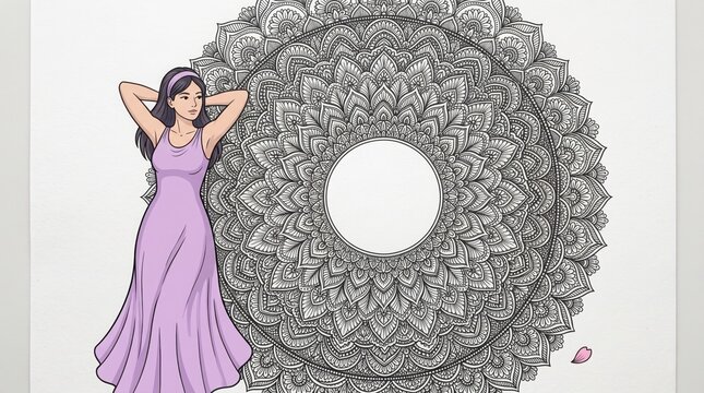 A woman in a purple dress standing next to a large, intricate black and white mandala pattern isolated on white background