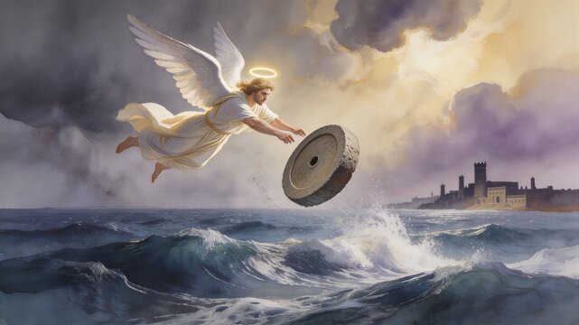Angel casting a stone mill into the sea during the biblical apocalypse. Divine judgment and prophecy of Revelation. Artistic representation of end times with massive stone falling in ocean.
