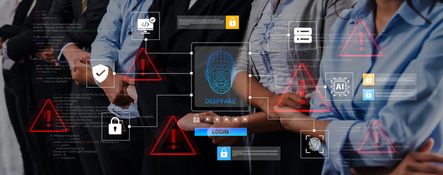 Dynamic representation of modern digital authentication with users participating, emphasizing security measures against deepfake technology and ensuring privacy amid rising cyber threats. Ledger