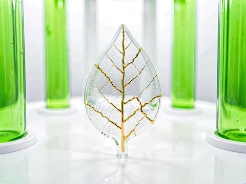 Glass leaf repaired with gold in bio-reactor