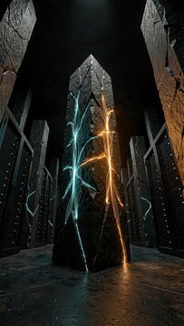 Bioluminescent servers pulsing in dark chamber