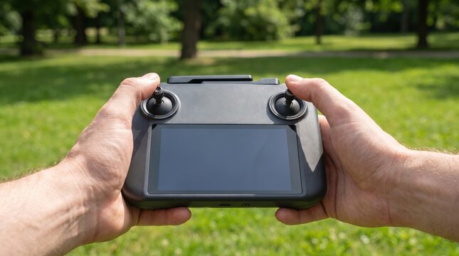 Hands holding a remote controller with a blank screen for a quadcopter drone in a green park