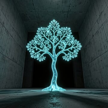 Holographic data tree growing in brutalist bunker