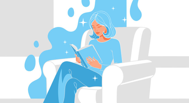 Woman Reading Book In Armchair Blue toned Vector Illustration