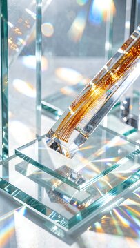 Macro glass data sculpture with fiber optics