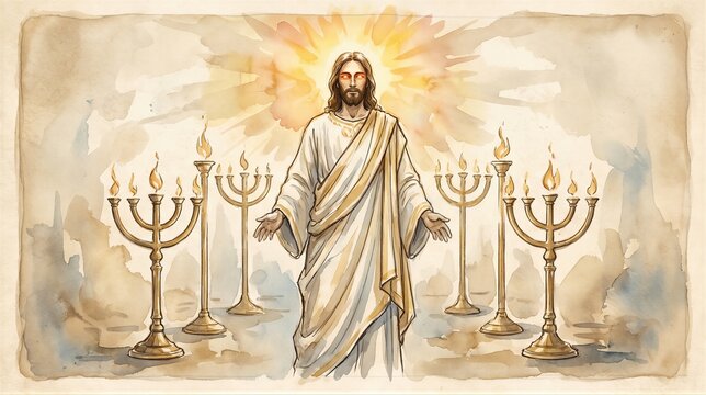 Jesus standing with golden menorah in revelation vision. Religious scene from the apocalypse described in the Bible. Artistic depiction of the Son of Man with glowing light symbolism.