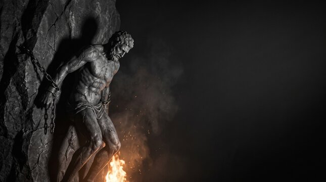 Prometheus Greek titan bound to rock in chains with fire