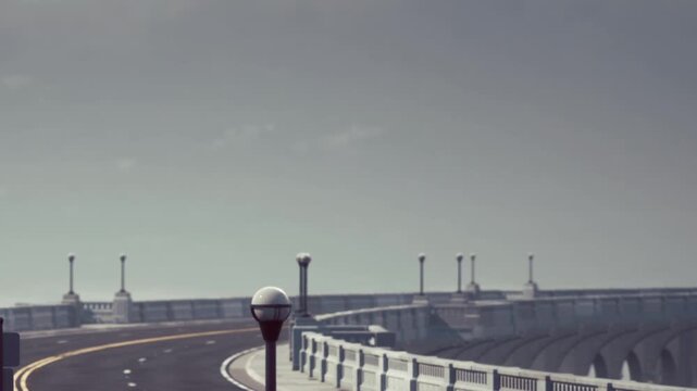 A wide road runs along a bridge with multiple lamp posts lined up on the sides. The gray sky creates a simple background for this transportation scene.