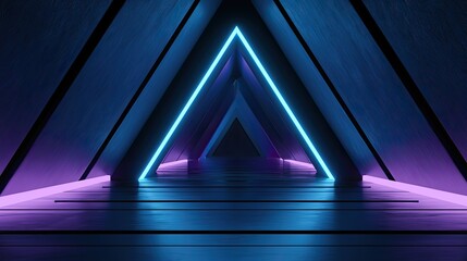 Fototapeta premium Futuristic glowing triangle tunnel with purple and blue neon light