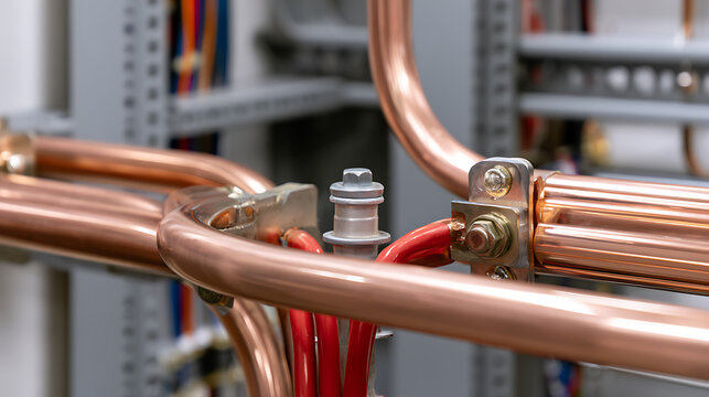 Close up view of shiny copper busbars connecting electrical components inside a power distribution panel with red wires and fasteners