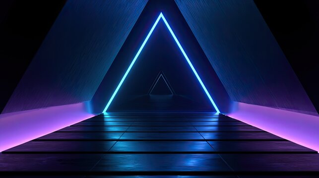 Neon triangle gateway receding into dark, futuristic, geometric corridor with purple hues