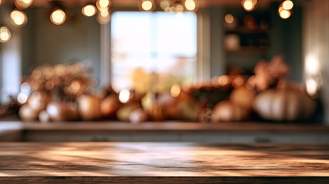 Warm, cozy, blurred harvest scene with pumpkins, gourds, and autumn decor