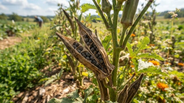 Okra seed pod drying on plant with seeds visible in an agricultural field during harvest season