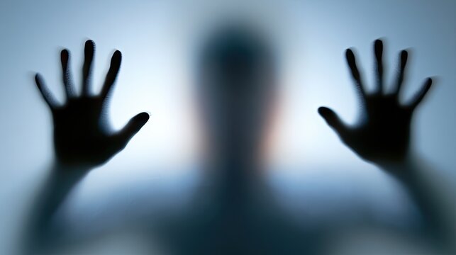 Silhouette of a person with hands pressed against frosted glass, blurred