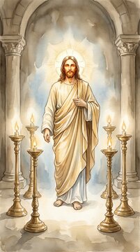 Jesus Christ standing between golden candle holders in temple. Biblical revelation concept showing divine light and holy presence. Artistic depiction of religious savior in apocalypse.