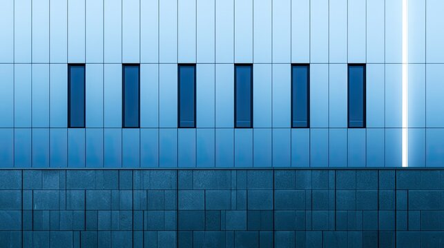 Modern building facade with vertical windows and textured lower section
