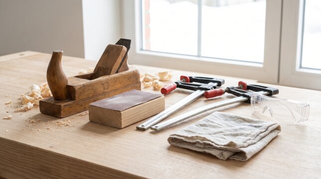 Woodworking workbench with a wooden hand plane, clamps, safety glasses, and sandpaper block