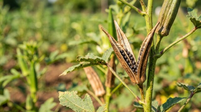 Okra seed pod drying on plant with seeds visible in an agricultural field during harvest season