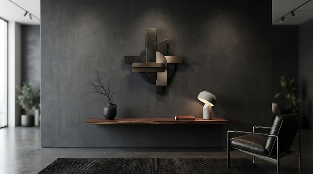 Modern minimalist living room with concrete wall and leather chair. Stylish urban interior featuring industrial decor and neutral tones.