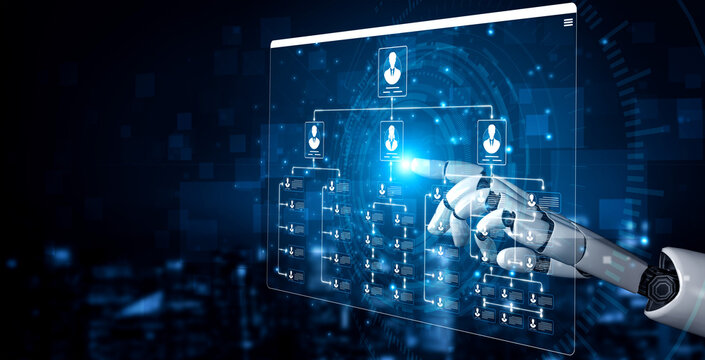 Futuristic Robot Hand Interacting with Digital Chart Displaying User Information and Hierarchical Structure in a Technology-Driven Environment Sigmoid