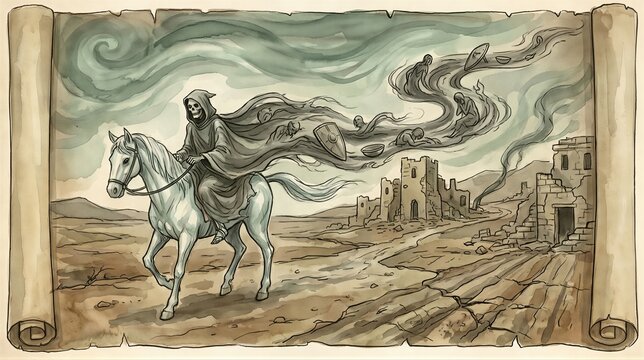Death as a pale rider on a horse during the biblical apocalypse. Ancient scroll illustration depicting the end of time, the last judgment, and ruin of civilization. Religious art.