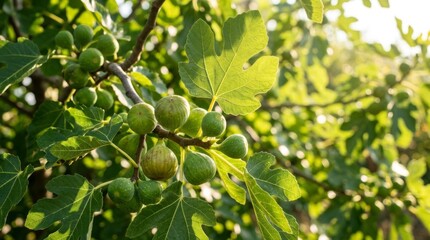 Fototapeta premium Ripe figs and lush green leaves on a fig tree branch in bright sunlight with bokeh background