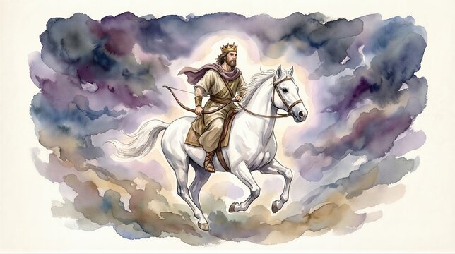Man as the first horseman of the Apocalypse riding a white horse. Biblical imagery of conquest and judgment. Artistic watercolor illustration depicting prophecy from the New Testament.