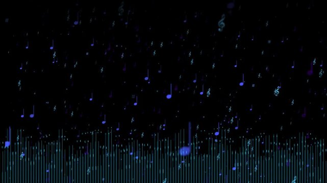 Glowing musical note particle overlay floating treble symbols, soft bokeh, and dark cinematic space. music videos, performance titles, audio promos, dance edits, entertainment motion graphics.