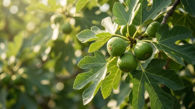 Ripe figs and lush green leaves on a fig tree branch in bright sunlight with bokeh background