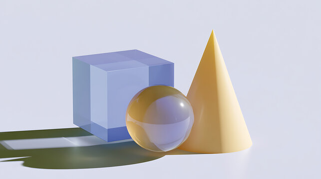 Abstract composition of basic geometric shapes: a clear blue cube, a reflective golden sphere, and a yellow cone, casting long shadows