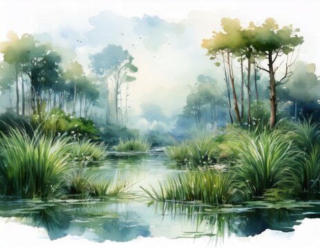 serene watercolor scene of a lush swamp with tall grasses