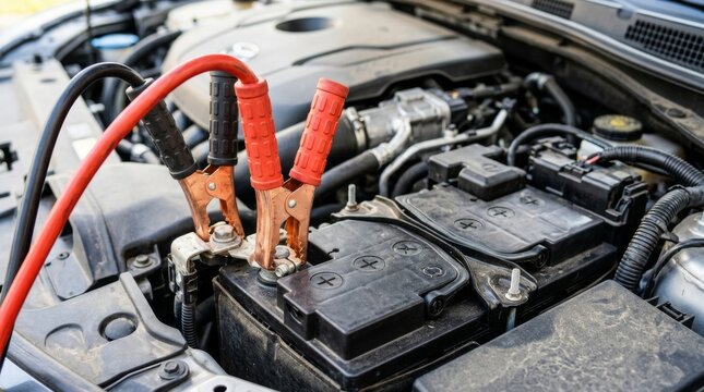 Car battery being jump-started with cables. Close-up of a discharged car battery connected to jumper cables for emergency vehicle power