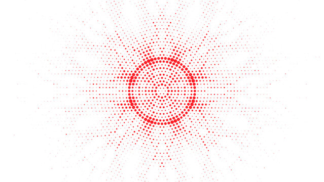 Abstract red halftone radial circle pattern with dotted burst effect on white background for modern design