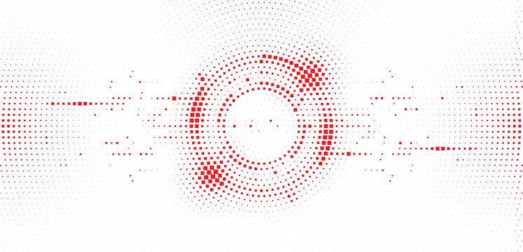 Abstract red square halftone circular frame pattern with geometric radial effect on white background