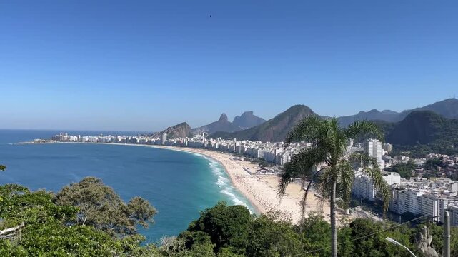 Panoramic daytime view of Copacabana Beach and coastline seen from Duque de Caxias Fort in Rio de Janeiro, Brazil, showing the curved shoreline, city skyline and Atlantic Ocean.