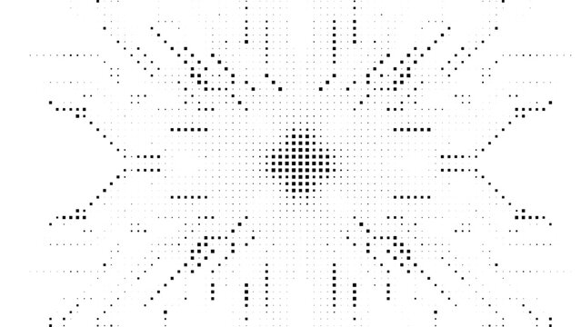 Abstract black square halftone radial geometric burst pattern on white background for digital design