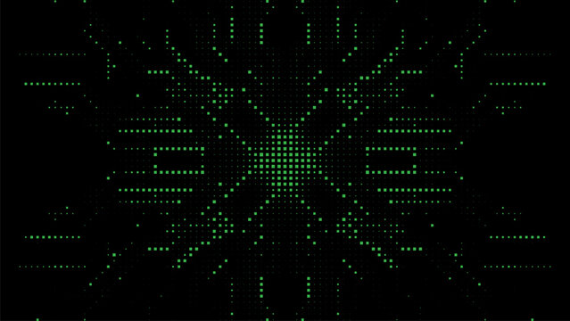 Abstract green square halftone geometric burst pattern on black background with digital pixel effect